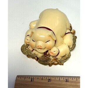 Vtg Good Luck Year of The Pigs On Pile Of Coins Feng Shui Zodiac Figurine